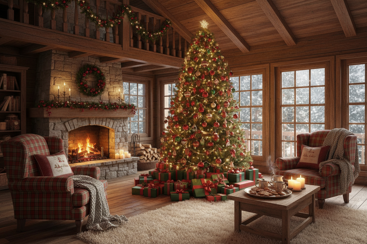 intérieur chalet d'hiver cosy avec sapin, décoration de noël et cadeaux au pied du sapin